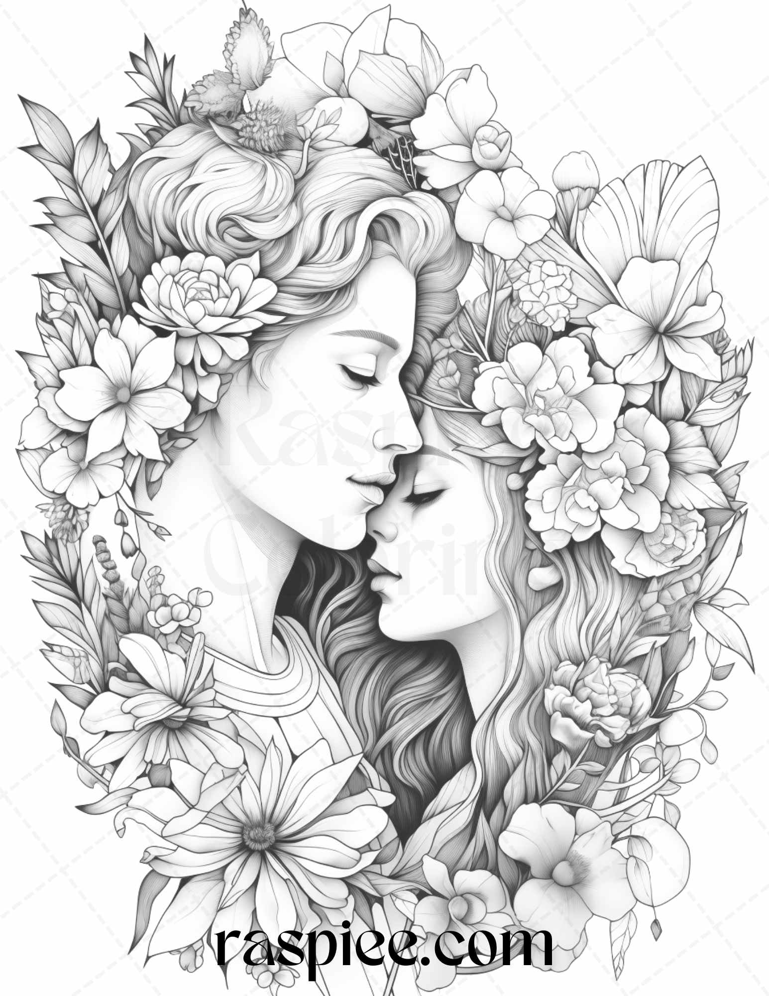 Romantic couple flowers grayscale coloring pages printable for adul â coloring