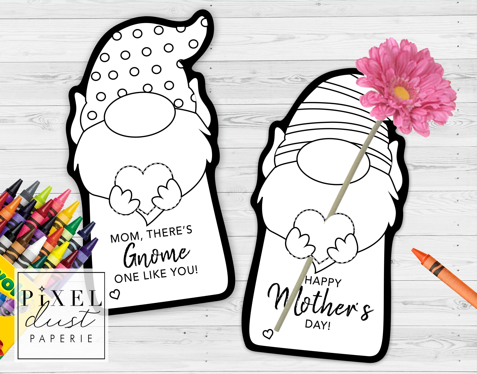 Garden gnome printable mothers day treat holder card coloring sheet â pixeldust designs