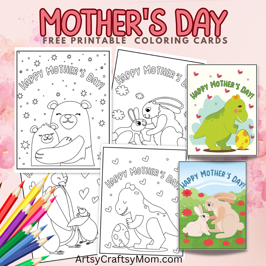 Mothers day themed coloring cards for kids