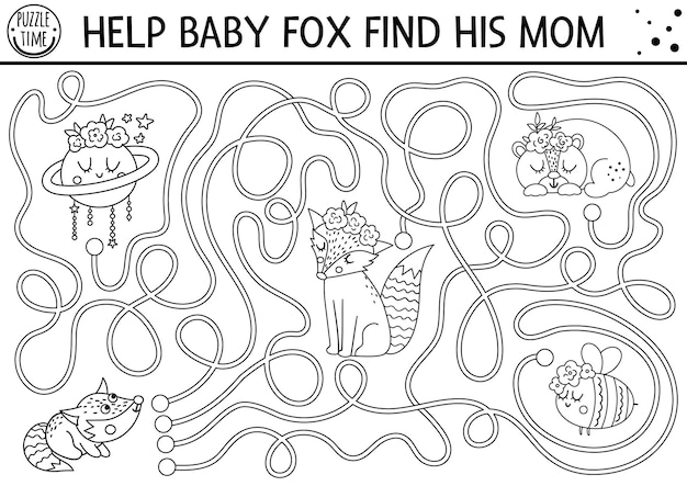 Premium vector mothers day black and white maze for children holiday preschool printable activity funny family love game with cute animals mother and baby labyrinth or coloring page with little fox