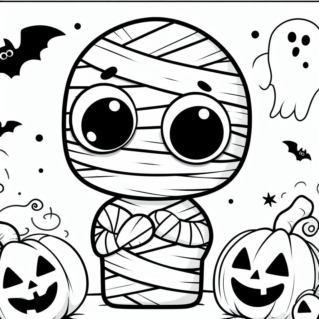 Adorable halloween mummy coloring page