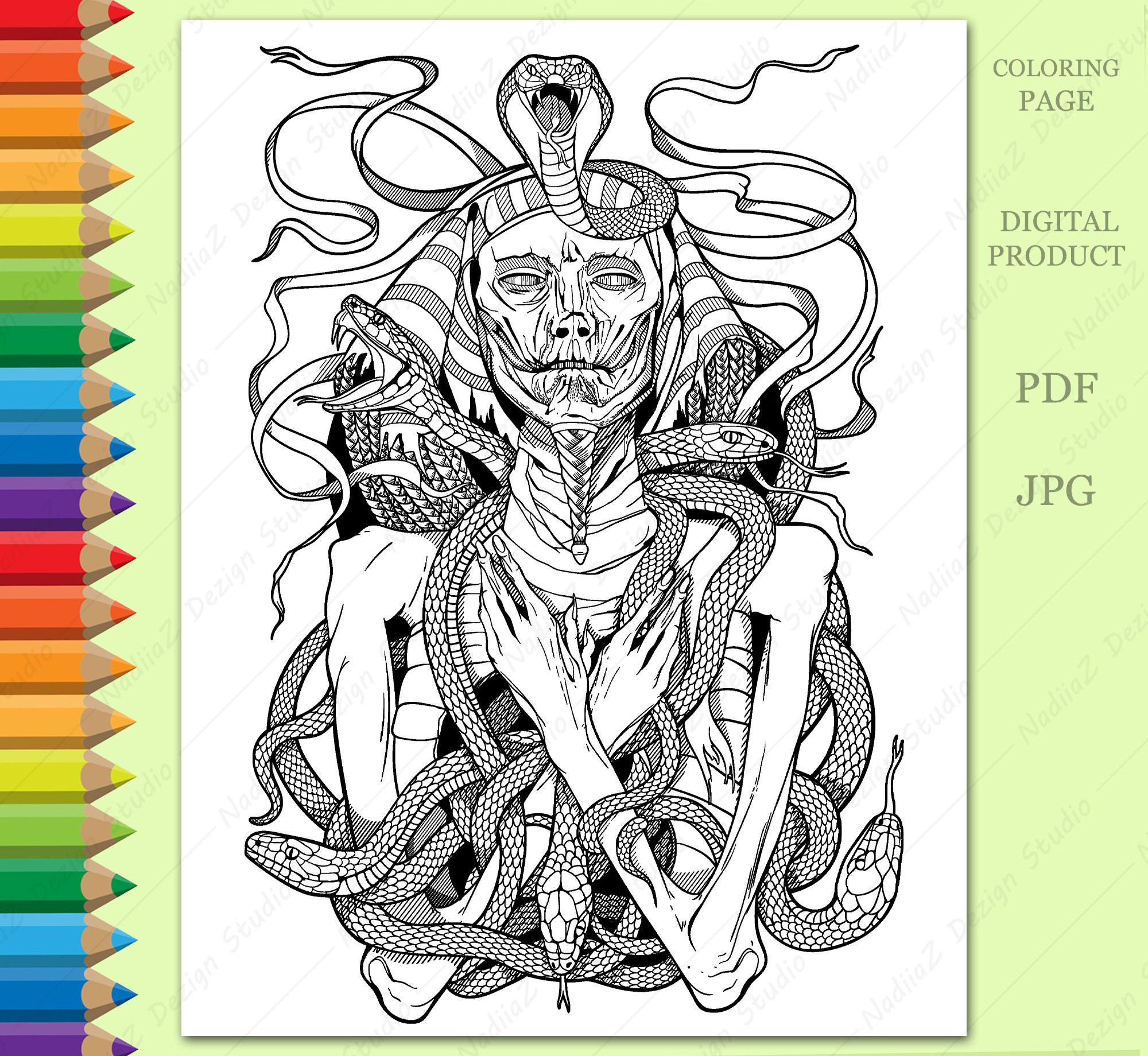 Adult coloring page with a pharaoh mummy printable adult coloring page digital download