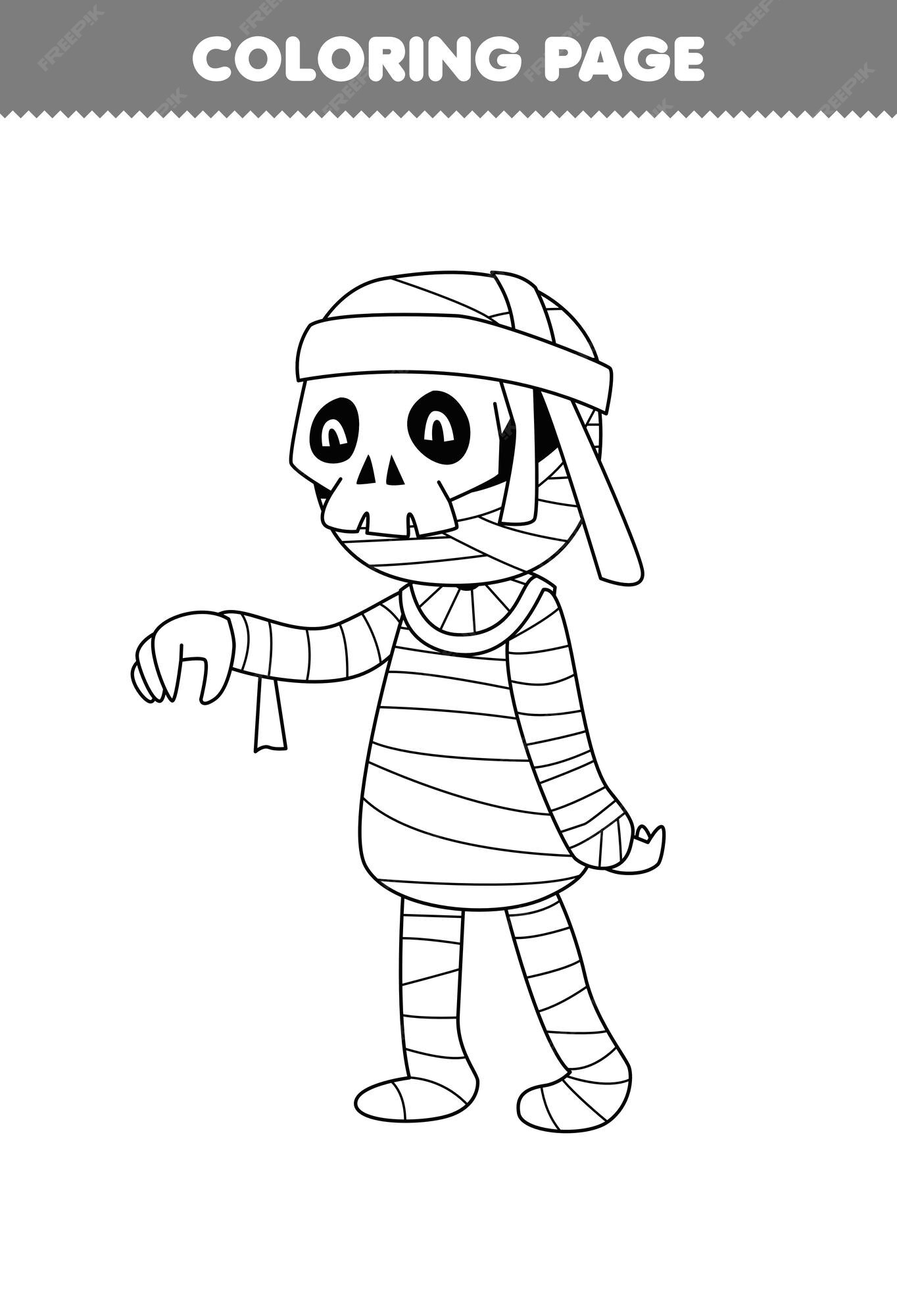 Premium vector education game for children coloring page of cute cartoon mummy line art halloween printable worksheet