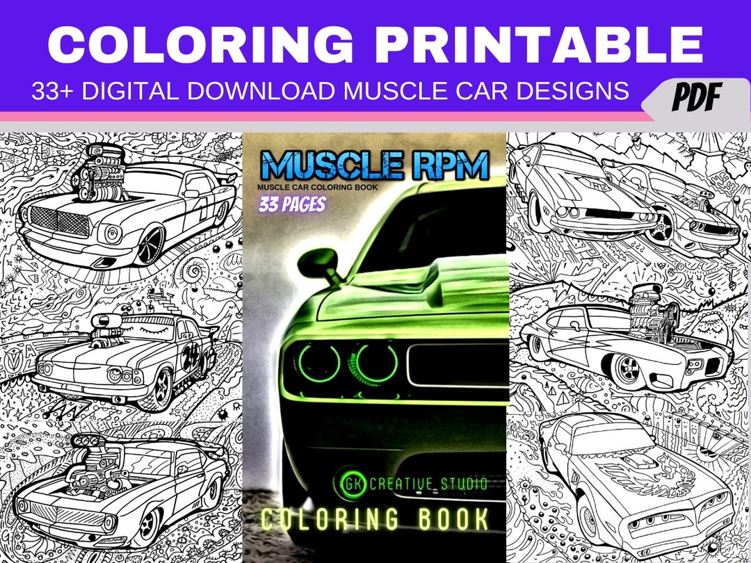 Muscle car coloring pages detailed designs digital download printable adult coloring book pdf