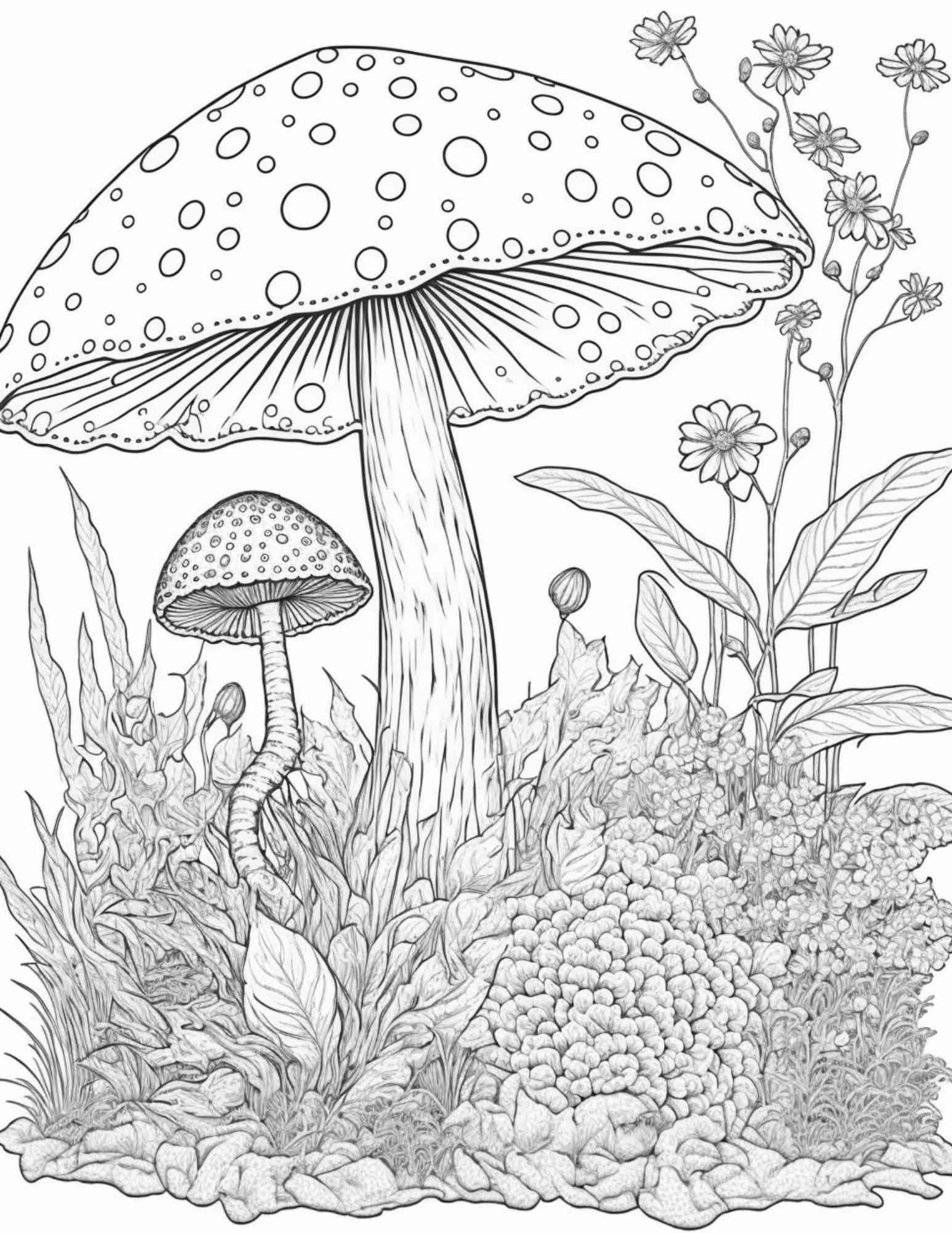 Mushroom forest coloring pages printable for adults and kids gray â coloring