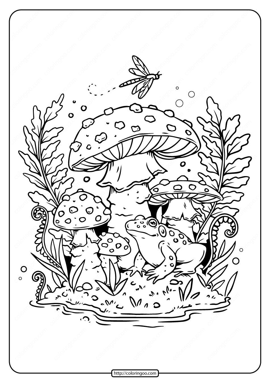 Printable frog and mushroom coloring pages