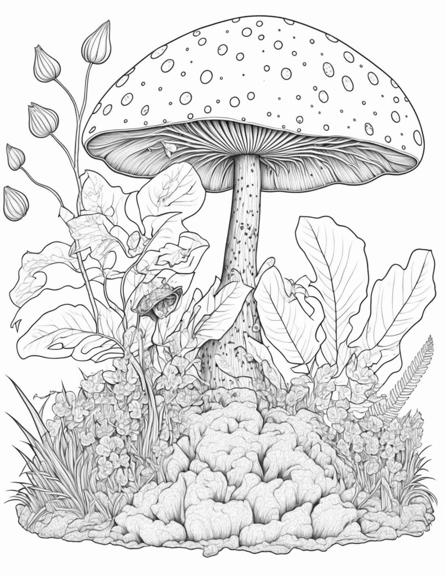 Mushroom forest coloring pages printable for adults and kids gray â coloring