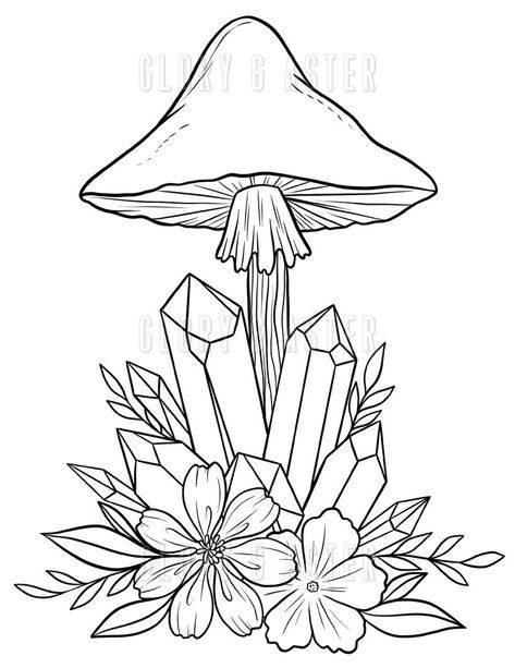 Mushroom coloring page printable adult coloring page instant download pdf crystals fantasy magical trippy flowers