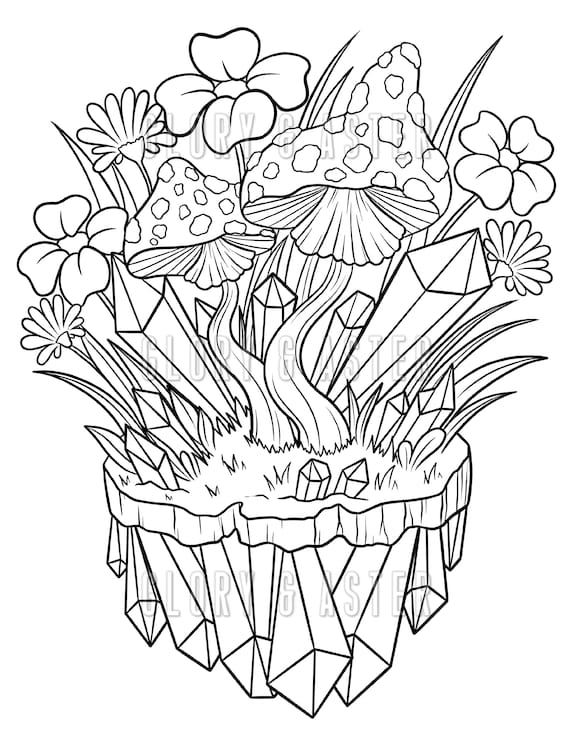Crystal mushrooms coloring page printable adult coloring page adult coloring page magic fantasy nature spring mystical