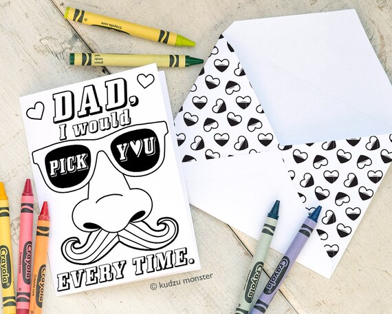 Funny nose mustache pick you coloring fathers day card instant download printable craft activity cute dad sunglasses