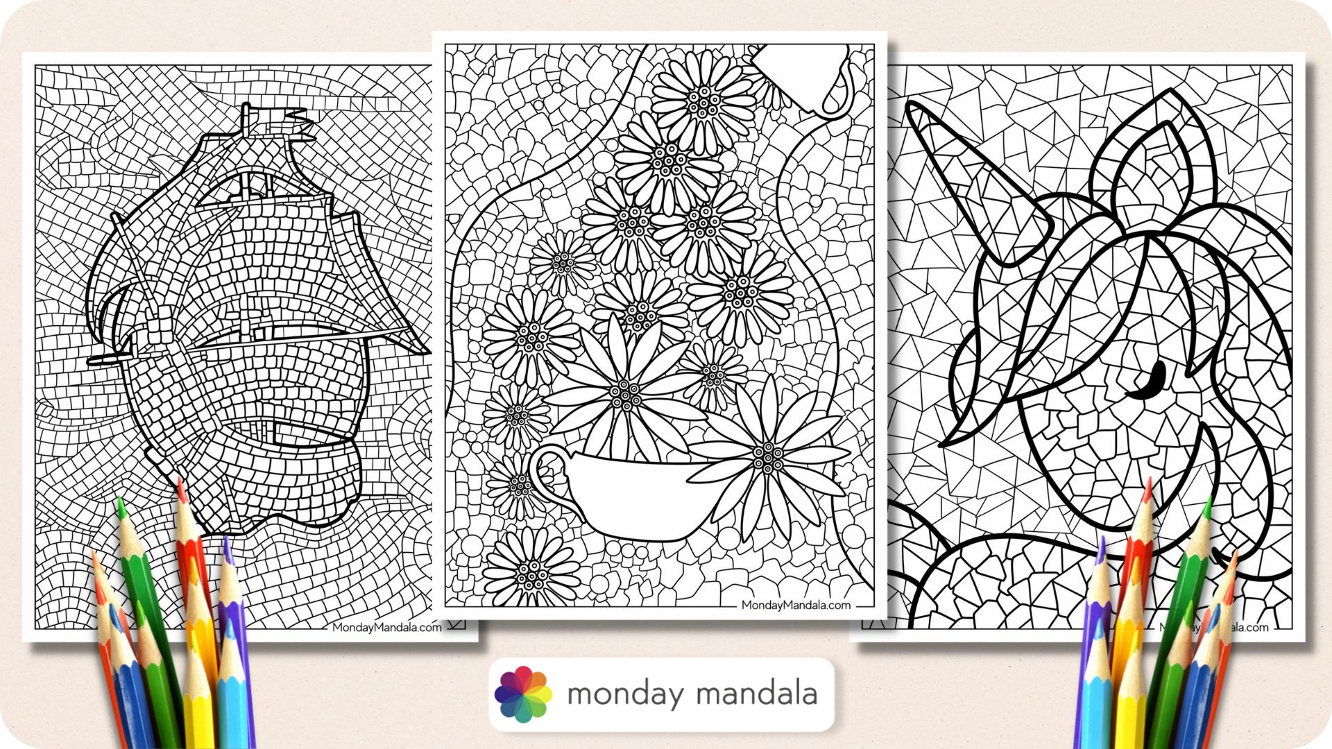 Mosaic coloring pages free pdf printables