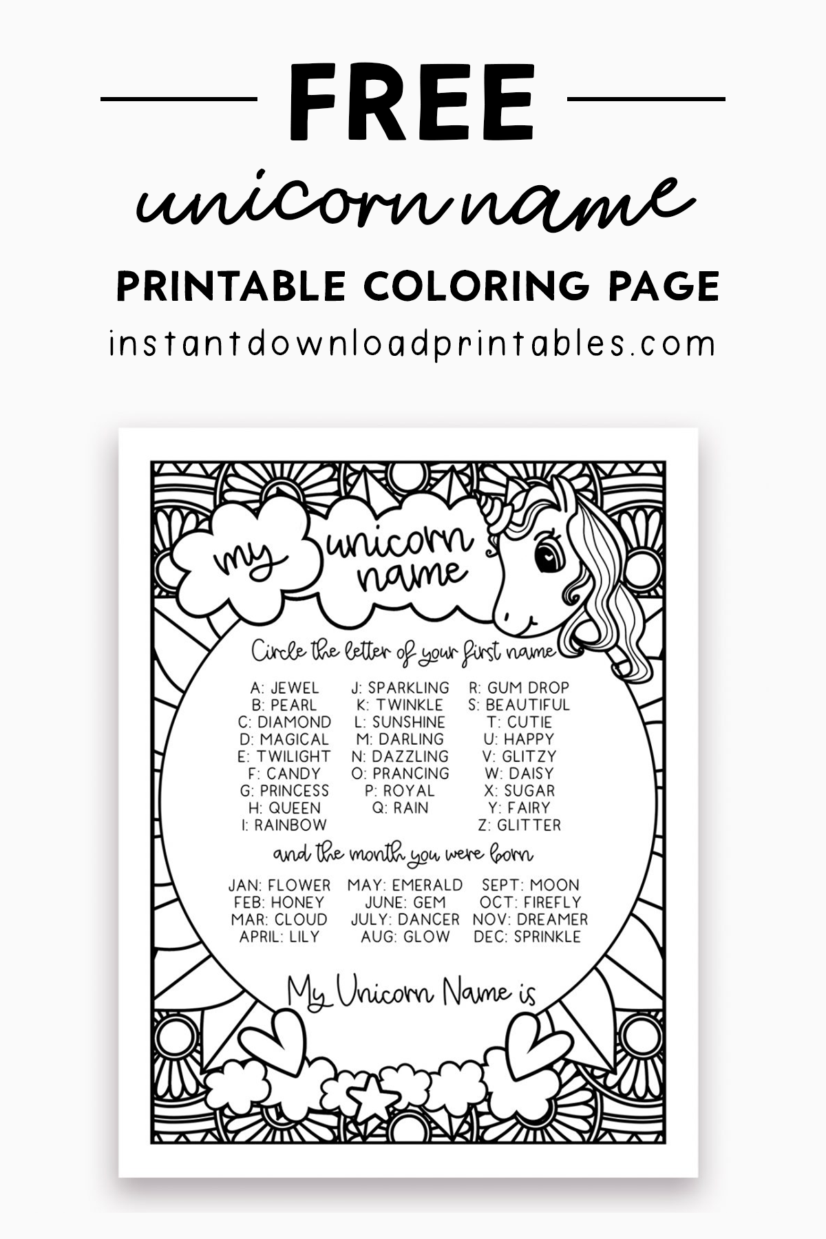 Free my unicorn name is game coloring pages