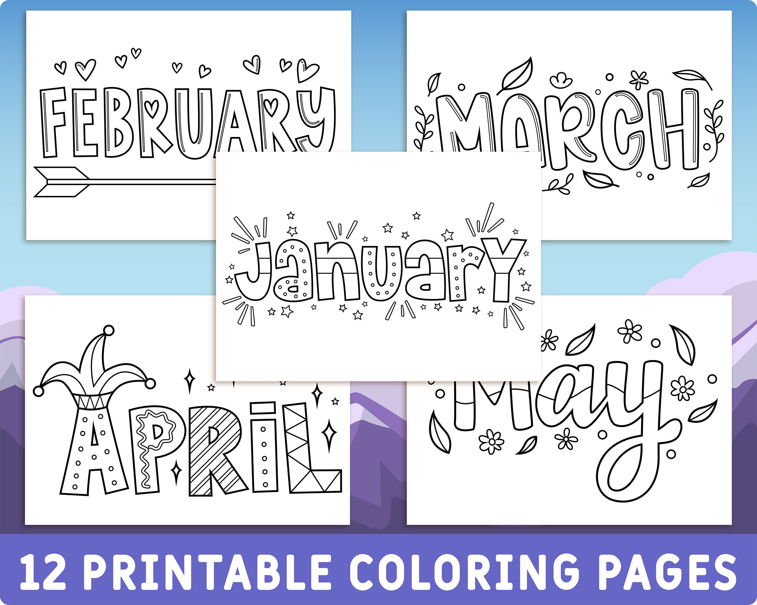 Printable month names coloring pages for kids months of the year colouring book party activity instant download