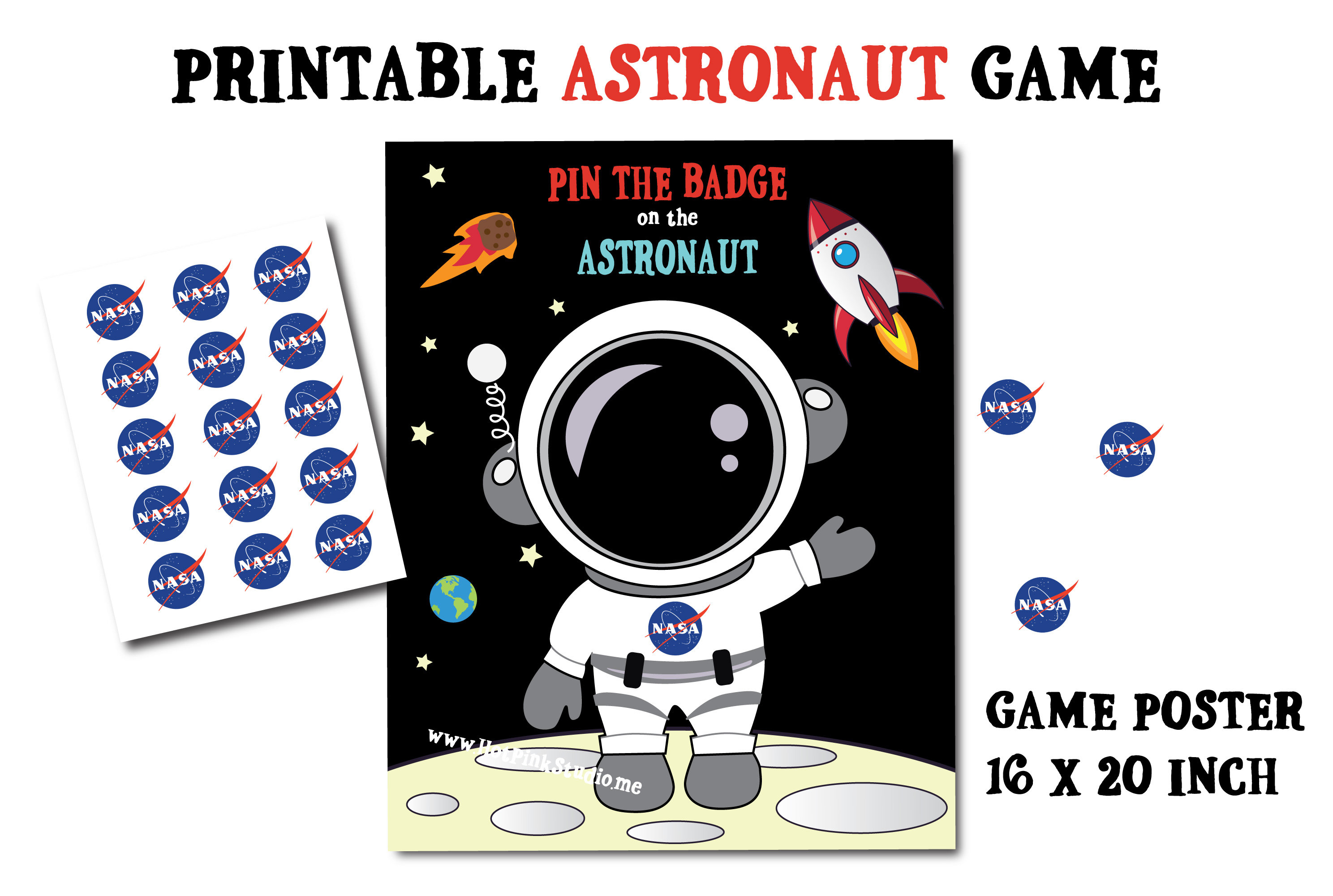 Pin the badge on the astronaut printable party game space birthday party game outer space party game instant download party game for boys