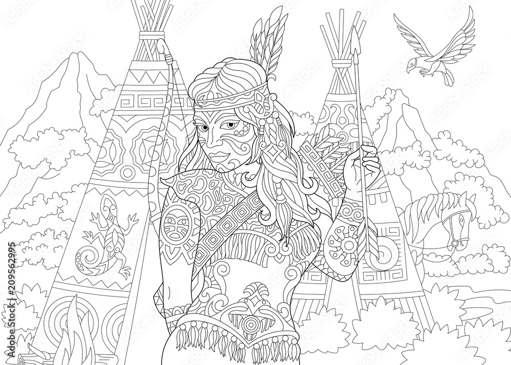 Native american indian apache woman coloring page colouring picture adult coloring book idea vector