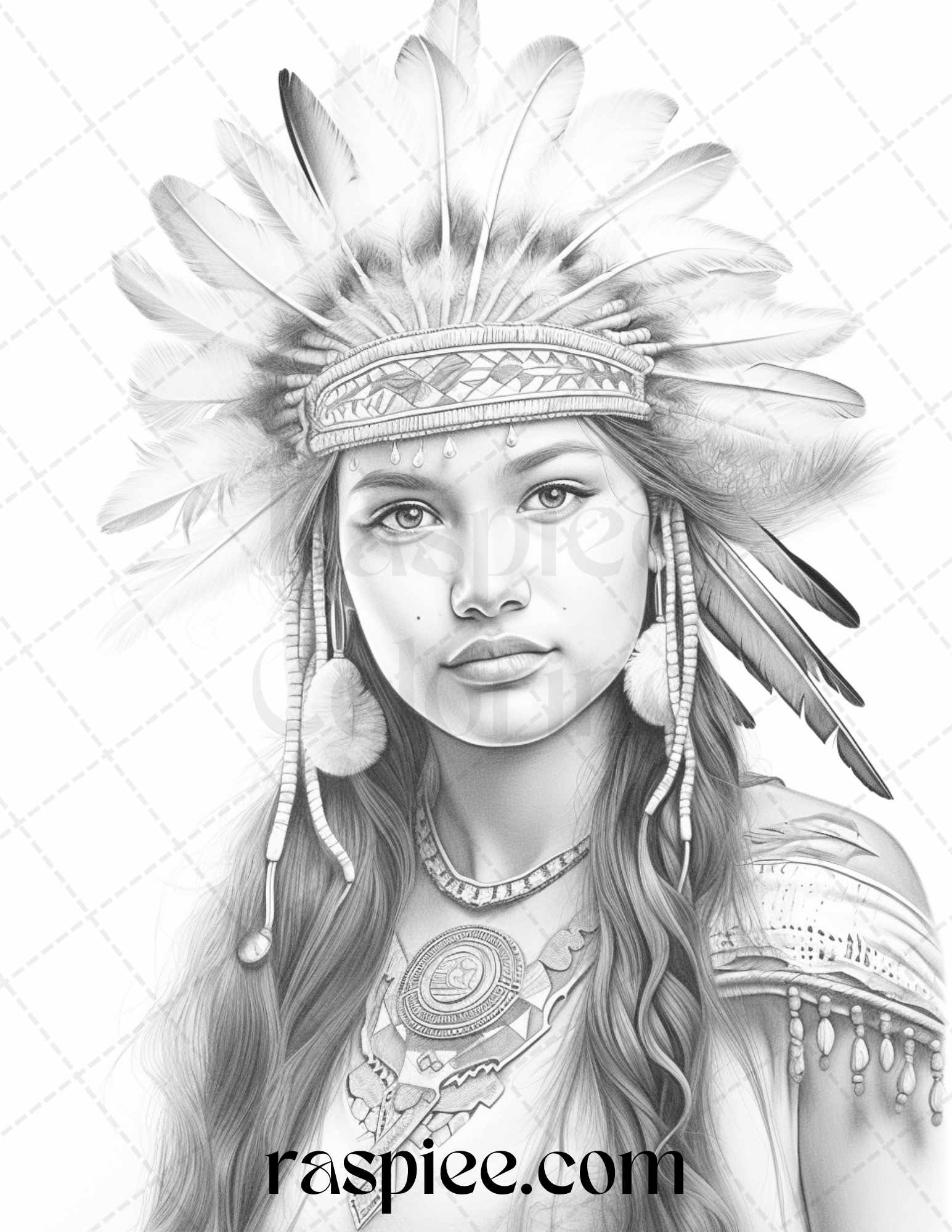 Native american portrait grayscale coloring pages printable for adults â coloring