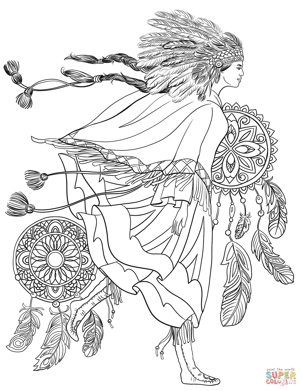 Indigenous woman in a traditional costume coloring page free printable coloring pages