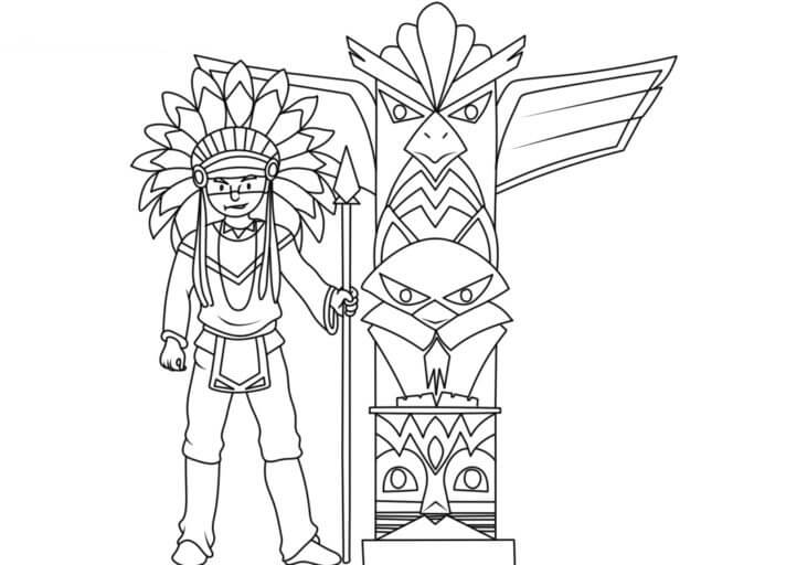 Native american with a totem coloring page