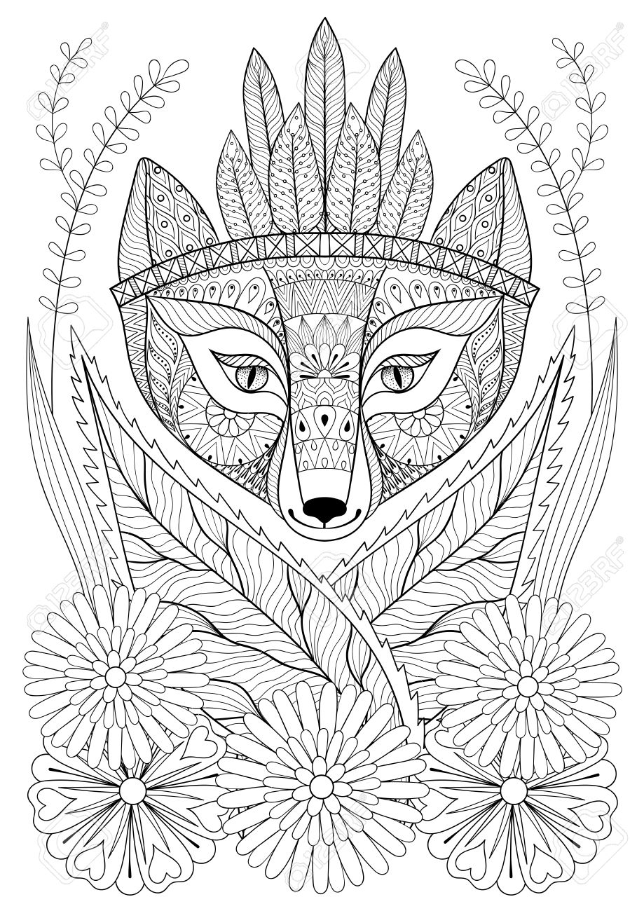 Wild fox with indian war bonnet in grass and flowers hand drawn ethnic free animal for adult coloring pages boho t