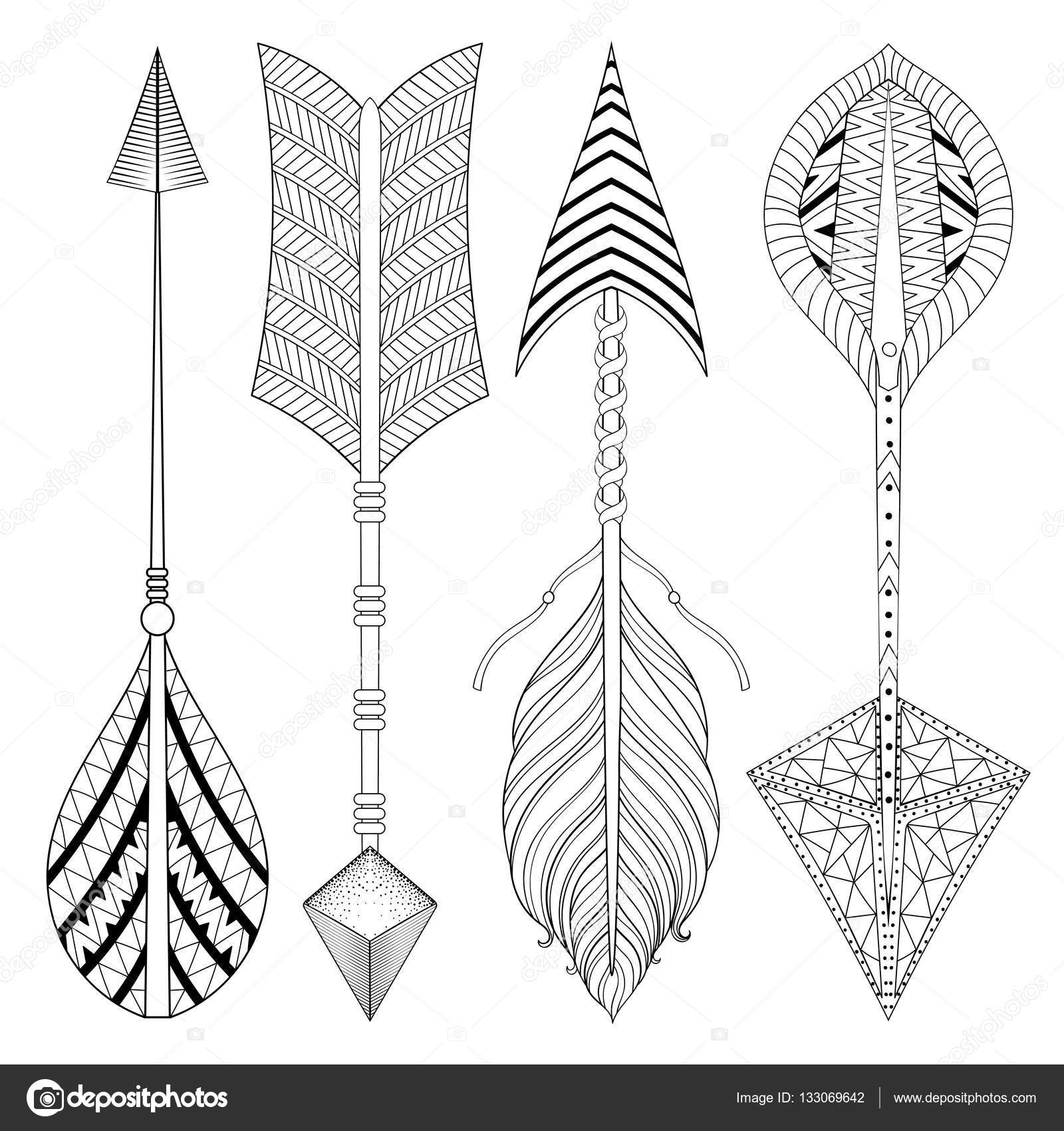 Boho chic ethnic arrow set with feathers freedom hipster concept american native style zentangle illustration for adult coloring pages art therapy ethnic t