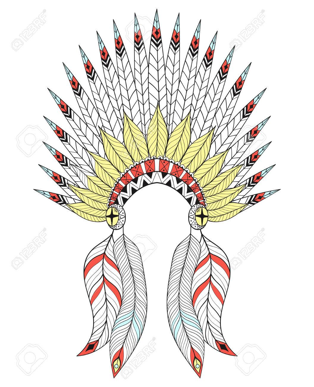 Vector war bonnet with color feathers american native headdress for adult coloring pages ethnic patterned t