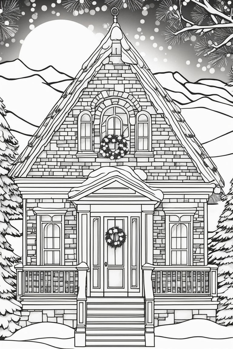 Looking through a window at a christmas scene line drawing with holiday borderfairy tale coloring pageintricate details line drawing illustration white background trending on artstation