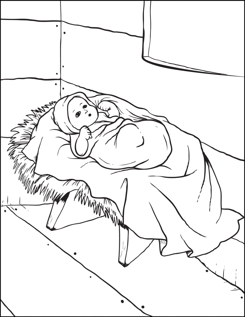 Printable baby jesus in the manger christmas coloring page for kids â