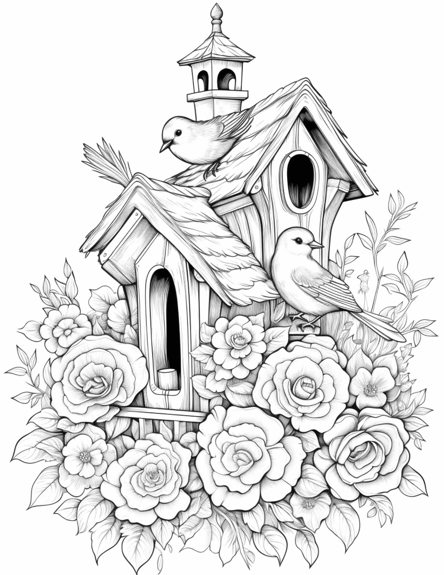 Free flower bird house grayscale coloring pages printable for adults â coloring