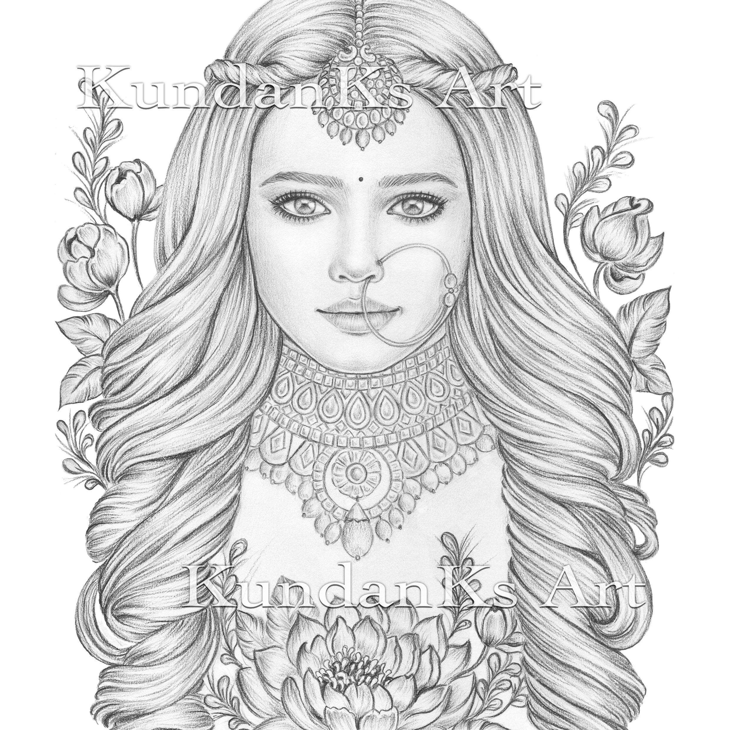 Radha indian beauty adult coloring page portrait coloring grayscale coloring instant download aa printable kundan ks art