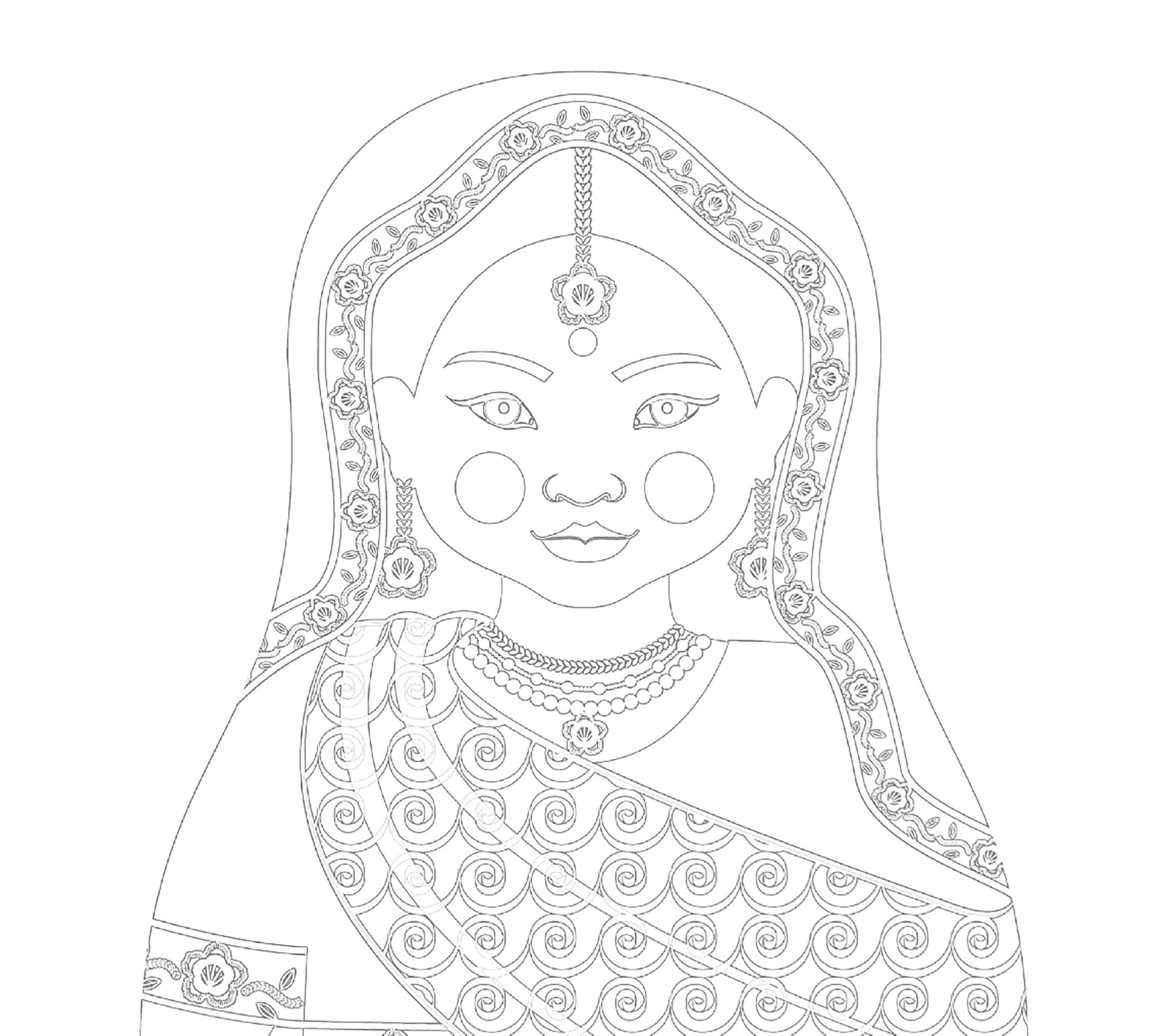 Indian coloring sheet printable file traditional folk dress matryoshka doll