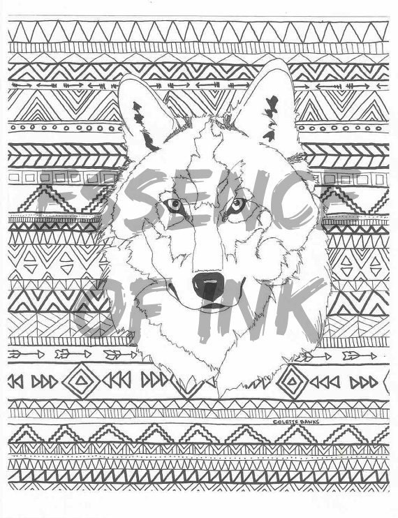 Aztec adult printable coloring page of a navajo and native american inspired wolf instant download