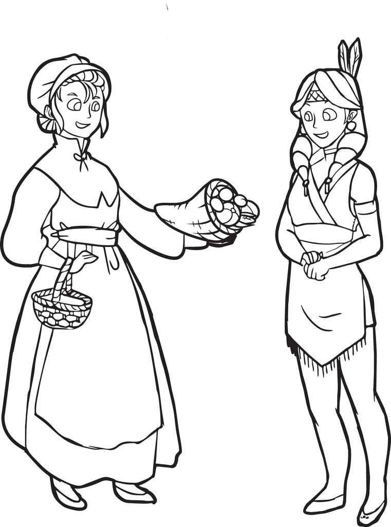 Printable pilgrim and indian coloring page for kids â