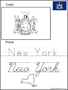 New york color the flag and trace the state print and cursive handwriting