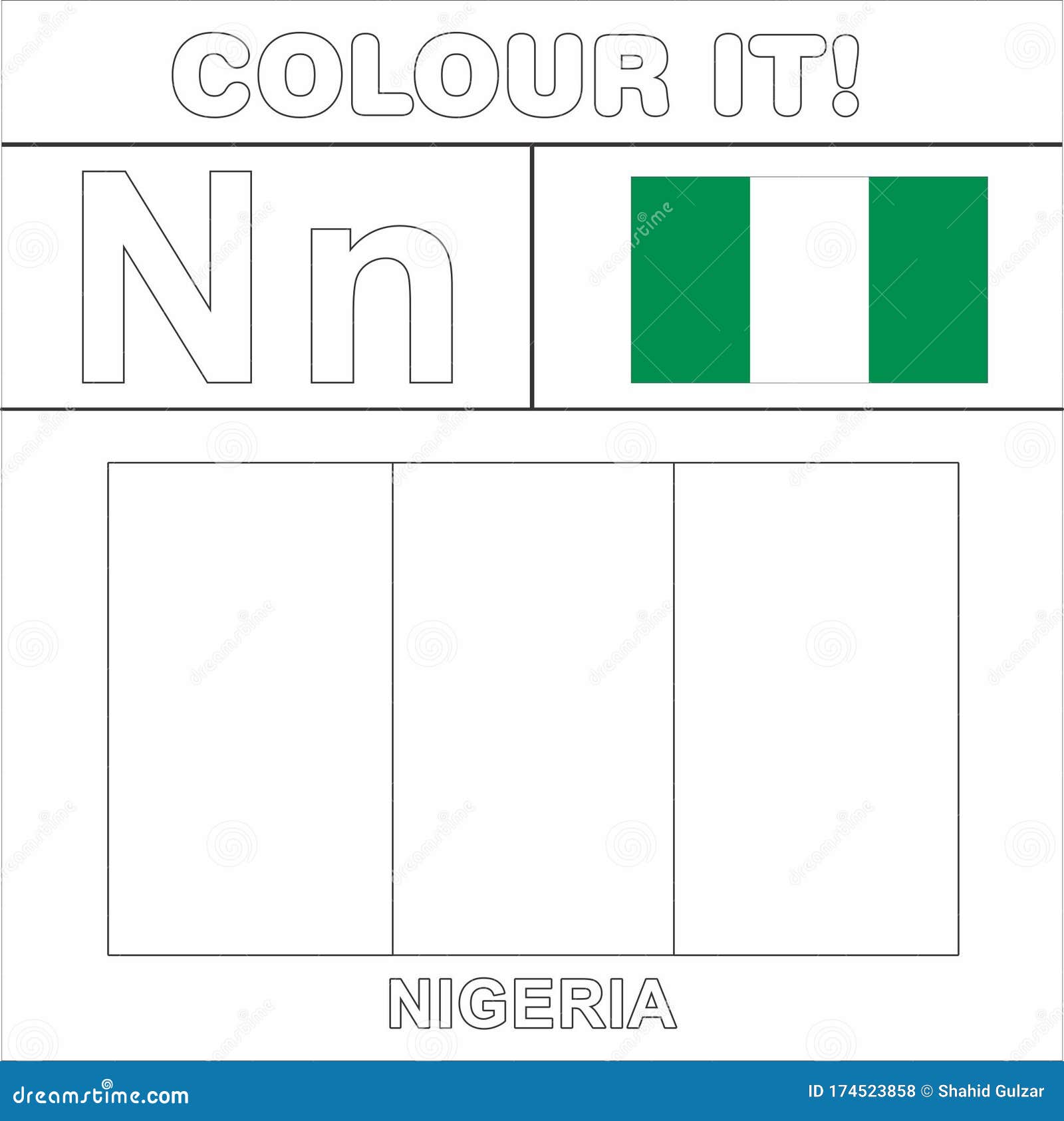 Colour it kids colouring page country starting from english letter n nigeria how to color flag stock illustration