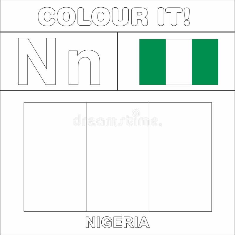 Colour it kids colouring page country starting from english letter n nigeria how to color flag stock illustration