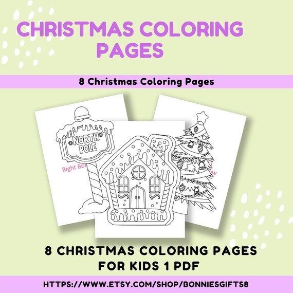 Printable christmas coloring pages digital download for snowman candy cane christmas tree boxes north pole sign gingerbread house