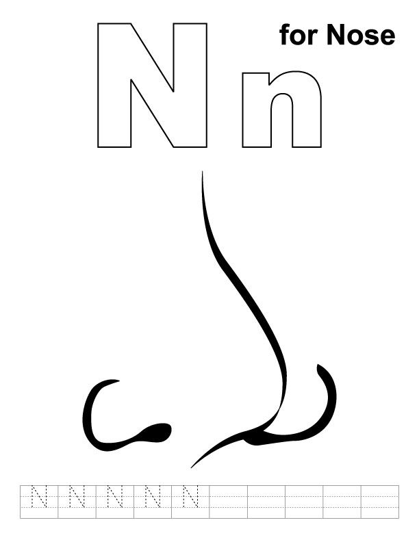 N for nose coloring page with handwriting practice download free n for nose colorinâ kids handwriting practice handwriting practice alphabet letter activities