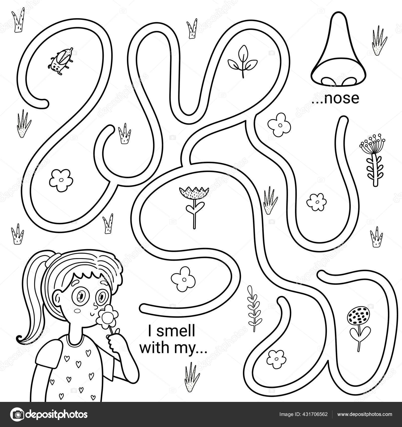 I can smell with my nose black and white maze game for kids five senses labyrinth coloring page stock vector by juliyas