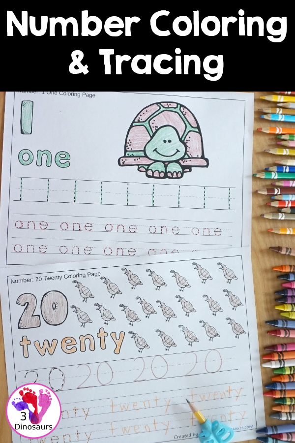 Free number coloring tracing printable with numbers to dinosaurs