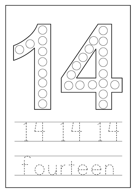 Premium vector learning numbers for kids number fourteen math worksheet