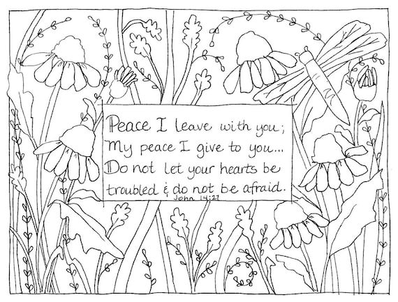 John coloring page peace i leave with you digital download printable coloring for adults or children with flowers and dragonfly