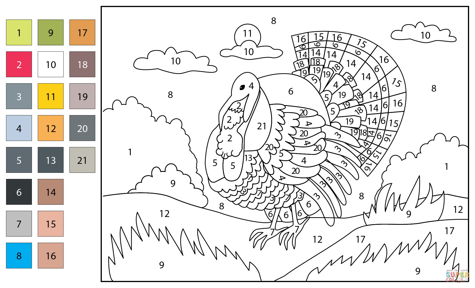 Turkey color by number free printable coloring pages
