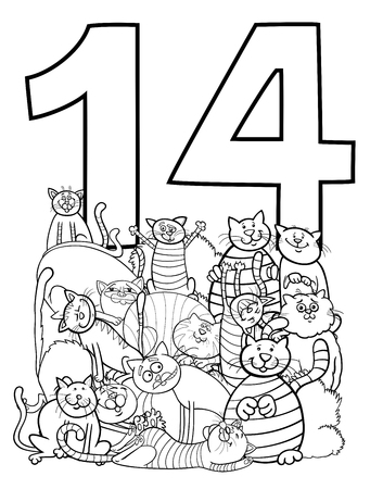 Black and white cartoon illustration of number fourteen and cat characters group coloring book royalty free svg cliparts vectors and stock illustration image