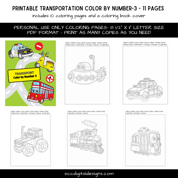 Color by number transportation printable coloring pages