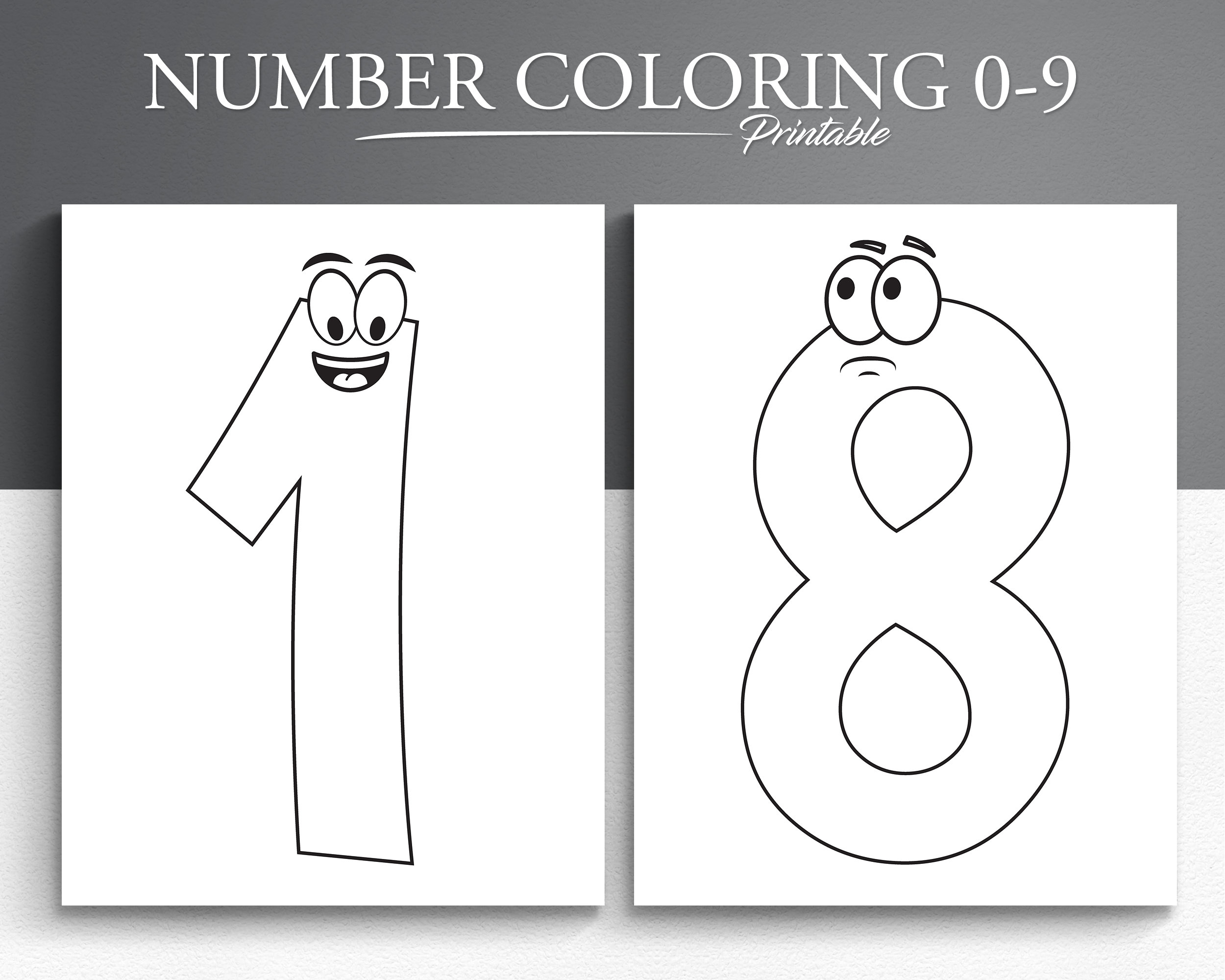 Printable numbers to coloring pages with fun faces kids learning coloring activity instant download pdf