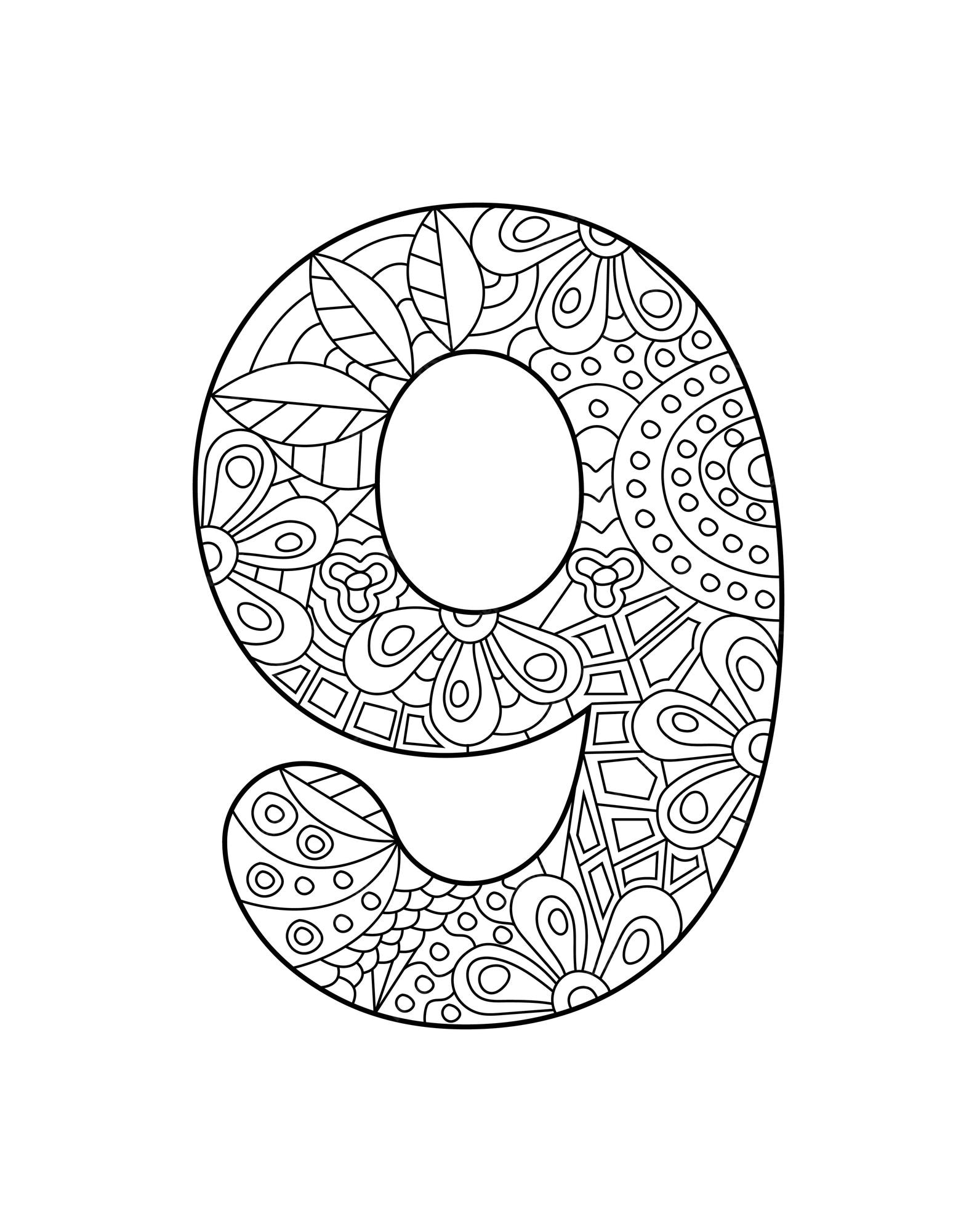 Premium vector black and white vector illustration for coloring number nine in the zentangle style