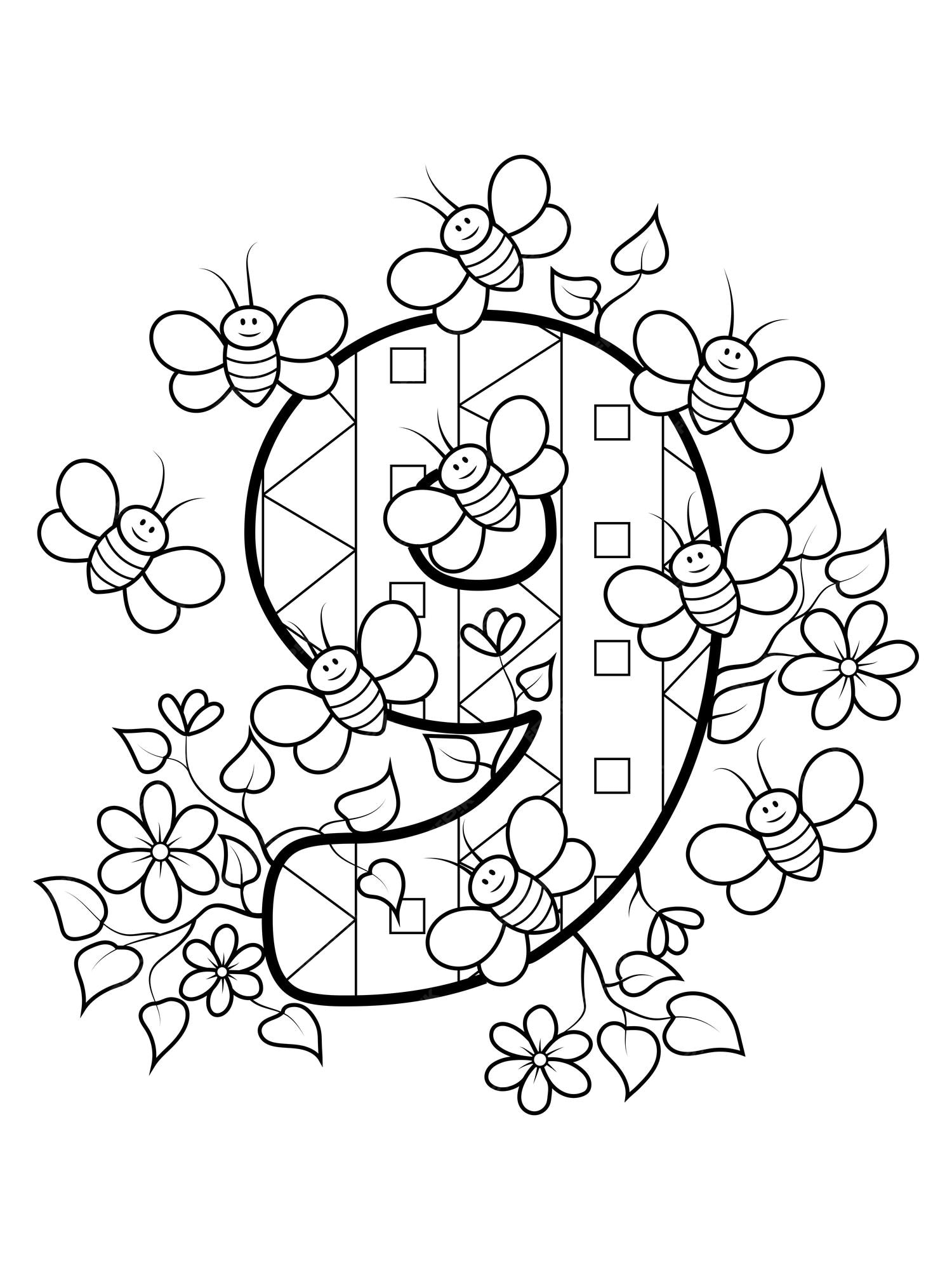 Premium vector coloring page numbers education and fun for childrens printable sheet nine and bees