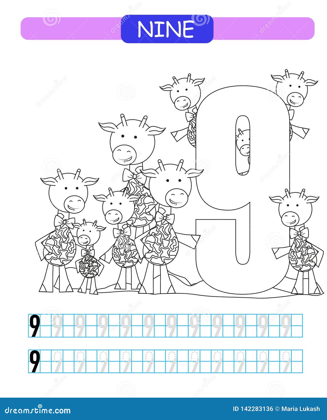 Nine learning number coloring printable worksheet for kindergarten and preschool giraffe stock vector