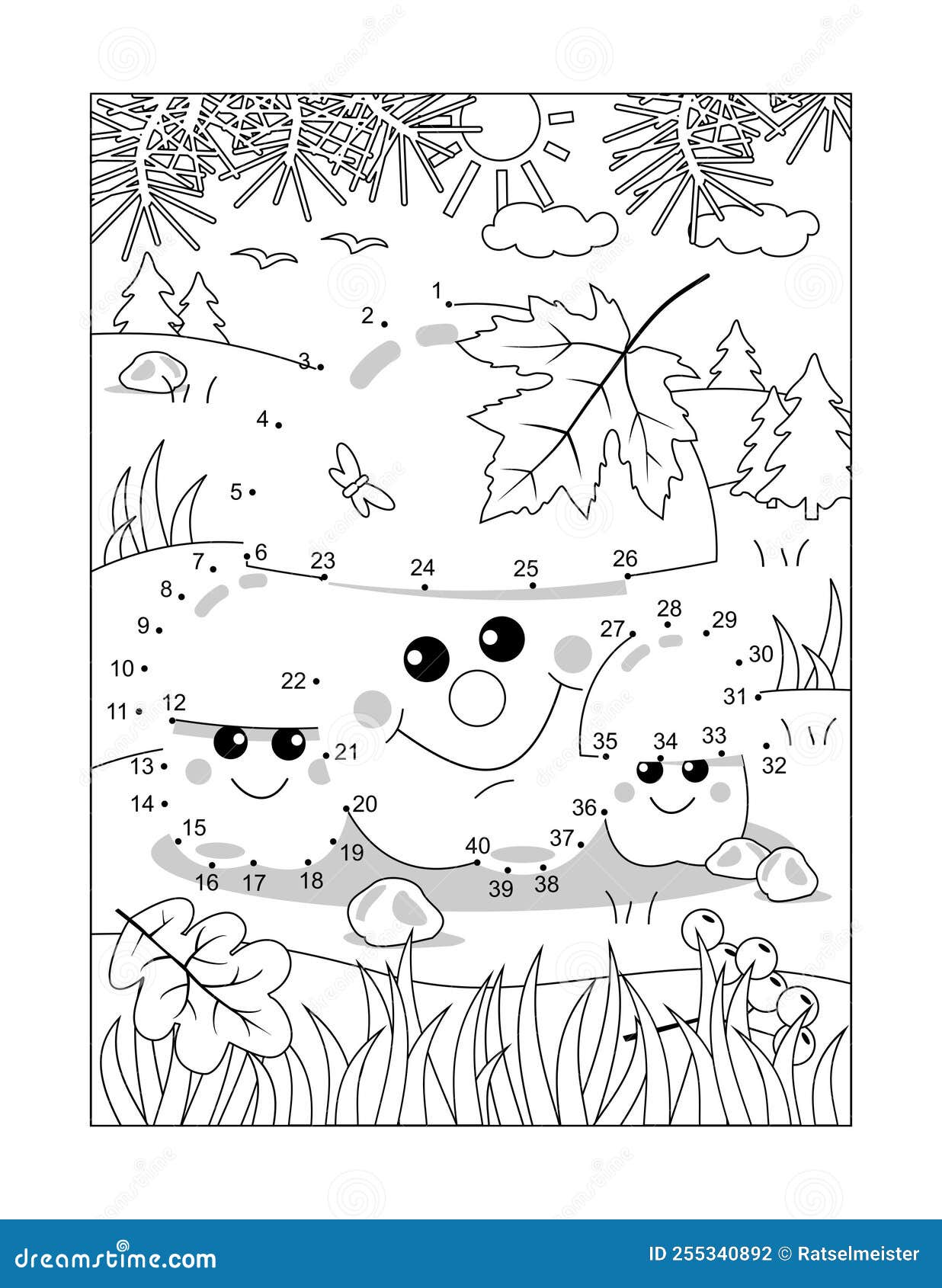 Three mushrooms connect the dots puzzle and coloring page activity sheet for kids full