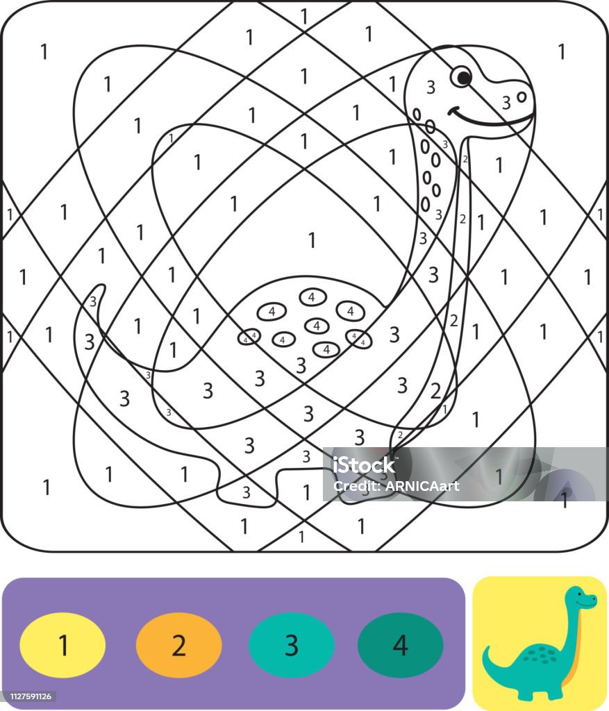 Cute dino coloring page for kids coloring puzzle with numbers of color stock illustration